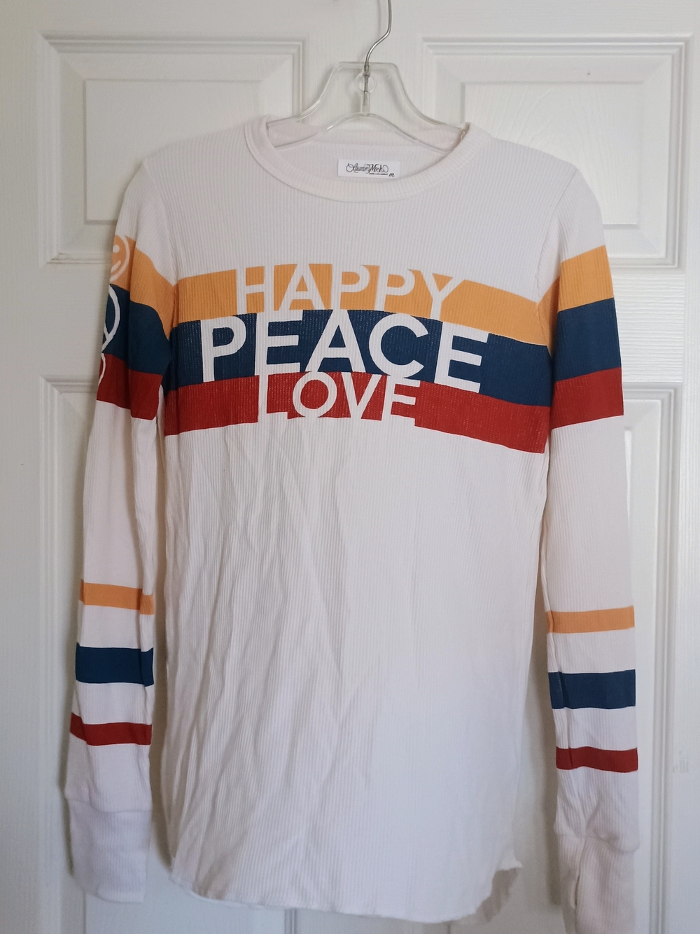 EUC Lauren Moshi Happy Peace Love Waffle Knit Long Sleeve Thermal Shirt Size M